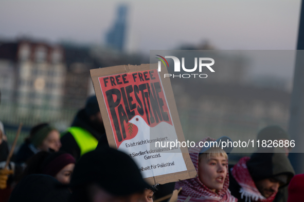 More than a hundred pro-Palestinian protesters take part in a demonstration against the German government's supply of arms to Israel in Colo...