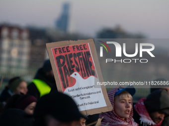 More than a hundred pro-Palestinian protesters take part in a demonstration against the German government's supply of arms to Israel in Colo...