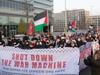 More than a hundred pro-Palestinian protesters take part in a demonstration against the German government's supply of arms to Israel in Colo...