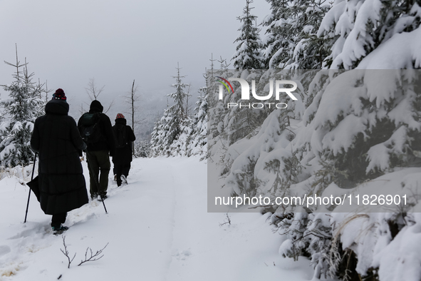 Tourists walk on a hiking trail amid picturesque views of Beskid Zywiecki as snow covers trees and the path. 