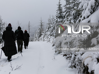 Tourists walk on a hiking trail amid picturesque views of Beskid Zywiecki as snow covers trees and the path. (