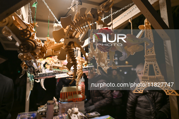 KRAKOW, POLAND - DECEMBER 01:   
A with wooden hand made toys on display at the Christmas Market in Krakow's UNESCO-listed Market Square, wi...