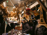 KRAKOW, POLAND - DECEMBER 01:   
A with wooden hand made toys on display at the Christmas Market in Krakow's UNESCO-listed Market Square, wi...