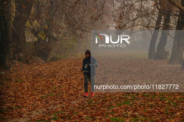 A man jogs at a park in Srinagar, Jammu and Kashmir, on December 02, 2024. Weather experts warn of heavy snowfall and a harsh winter in Jamm...