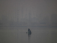 A man rows a boat in the waters of Dal Lake amid fog in Srinagar, Jammu and Kashmir, on December 02, 2024. Weather experts warn of heavy sno...