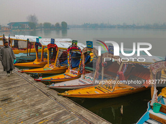 A man walks on the banks of Dal Lake amid fog in Srinagar, Jammu and Kashmir, on December 02, 2024. Weather experts warn of heavy snowfall a...