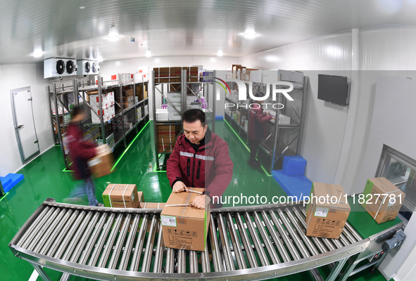 A worker at a cold storage for smart vaccines takes stock of vaccines on the shelves in Guiyang, Guizhou province, China, on December 2, 202...