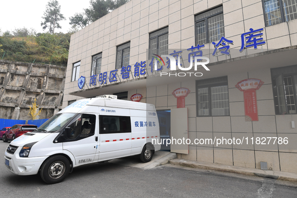 A vaccine delivery truck at a cold storage for smart vaccines delivers vaccines in Guiyang, China, on December 2, 2024. 