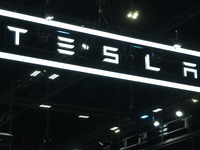 The Tesla logo displays at the Thailand International Motor Expo 2024 at the IMPACT exhibition center in Bangkok, Thailand, on November 30,...