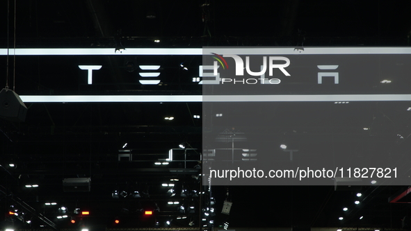 The Tesla logo displays at the Thailand International Motor Expo 2024 at the IMPACT exhibition center in Bangkok, Thailand, on November 30,...