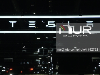 The Tesla logo displays at the Thailand International Motor Expo 2024 at the IMPACT exhibition center in Bangkok, Thailand, on November 30,...