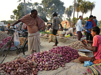 A customer looks at onions at a temporary open-air vegetable market in Samastipur, Bihar, India. on november 29, 2024.(