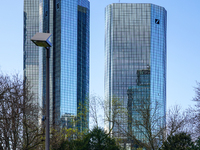 The Deutsche Bank Towers in the Westend district of Frankfurt am Main, Germany, on March 30, 2023, consist of two skyscrapers, each 155 mete...