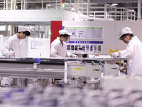 Workers produce export photovoltaic modules in a new energy 5G intelligent workshop in Suqian, China, on December 2, 2024. (