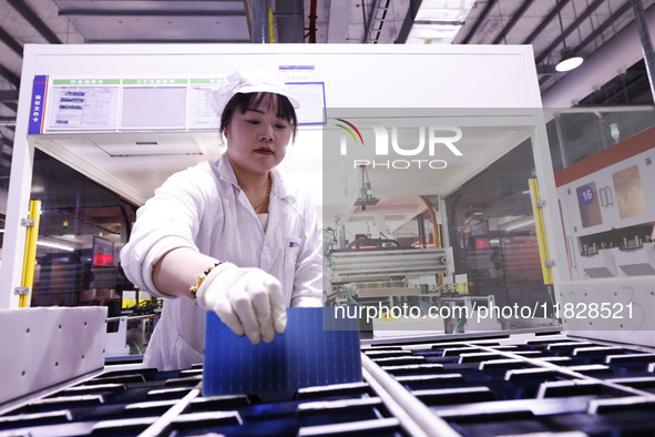 Workers produce export photovoltaic modules in a new energy 5G intelligent workshop in Suqian, China, on December 2, 2024. 