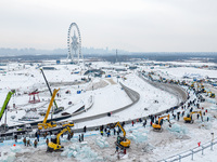 The construction site of the 26th Harbin Ice and Snow World is under construction in Harbin, China, on December 2, 2024. (