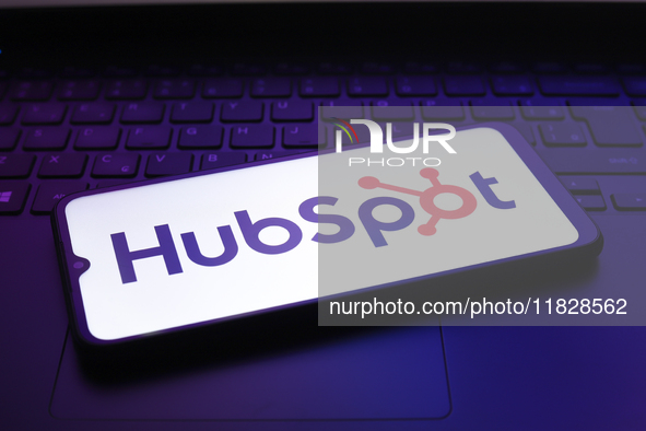 The HubSpot logo appears on the screen of a smartphone in Reno, United States, on December 2, 2024. 