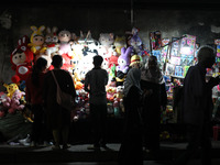 People shop for soft toys at a roadside stall in Kolkata, India, on December 02, 2024.  (