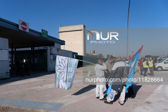 Trasnova workers protest on Monday in front of the gates of the Stellantis plant in Pomigliano D'Arco, Italy, on december 02, 2024. Workers...