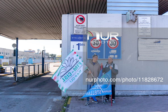 Trasnova workers protest on Monday in front of the gates of the Stellantis plant in Pomigliano D'Arco, Italy, on december 02, 2024. Workers...