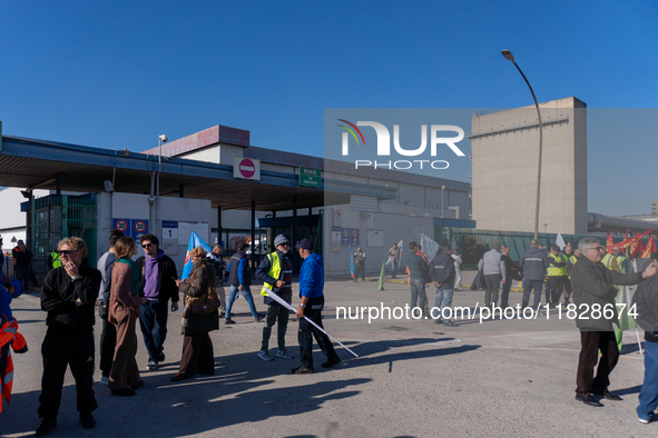 Trasnova workers protest on Monday in front of the gates of the Stellantis plant in Pomigliano D'Arco, Italy, on december 02, 2024. Workers...