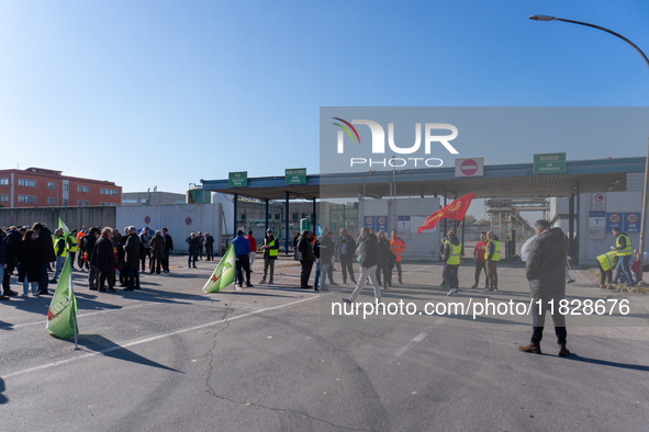 Trasnova workers protest on Monday in front of the gates of the Stellantis plant in Pomigliano D'Arco, Italy, on december 02, 2024. Workers...