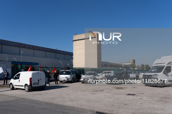 Trasnova workers protest on Monday in front of the gates of the Stellantis plant in Pomigliano D'Arco, Italy, on december 02, 2024. Workers...