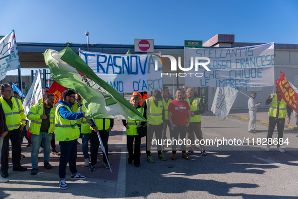 Trasnova workers protest on Monday in front of the gates of the Stellantis plant in Pomigliano D'Arco, Italy, on december 02, 2024. Workers...