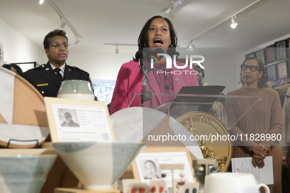 Mayor Muriel Bowser speaks about shopping in local businesses during the holidays in Washington DC, USA, on December 2, 2024, at the store M...