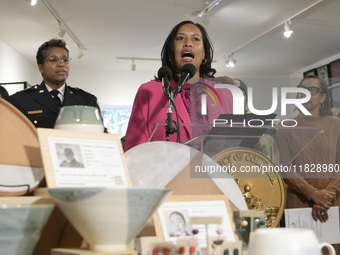 Mayor Muriel Bowser speaks about shopping in local businesses during the holidays in Washington DC, USA, on December 2, 2024, at the store M...