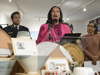 Mayor Muriel Bowser speaks about shopping in local businesses during the holidays in Washington DC, USA, on December 2, 2024, at the store M...