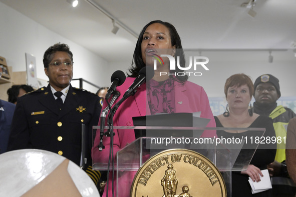 Mayor Muriel Bowser speaks about shopping in local businesses during the holidays in Washington DC, USA, on December 2, 2024, at the store M...