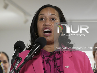 Mayor Muriel Bowser speaks about shopping in local businesses during the holidays in Washington DC, USA, on December 2, 2024, at the store M...