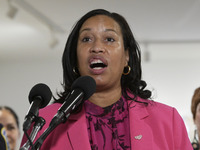 Mayor Muriel Bowser speaks about shopping in local businesses during the holidays in Washington DC, USA, on December 2, 2024, at the store M...