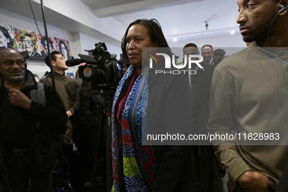 Mayor Muriel Bowser speaks about shopping in local businesses during the holidays in Washington DC, USA, on December 2, 2024, at the store M...