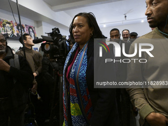 Mayor Muriel Bowser speaks about shopping in local businesses during the holidays in Washington DC, USA, on December 2, 2024, at the store M...