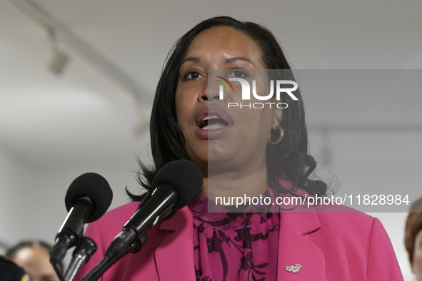 Mayor Muriel Bowser speaks about shopping in local businesses during the holidays in Washington DC, USA, on December 2, 2024, at the store M...