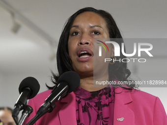 Mayor Muriel Bowser speaks about shopping in local businesses during the holidays in Washington DC, USA, on December 2, 2024, at the store M...