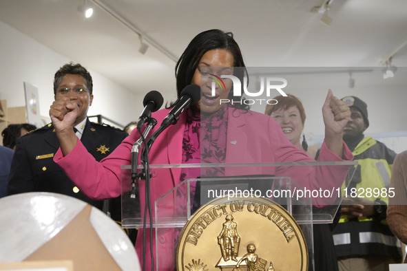 Mayor Muriel Bowser speaks about shopping in local businesses during the holidays in Washington DC, USA, on December 2, 2024, at the store M...