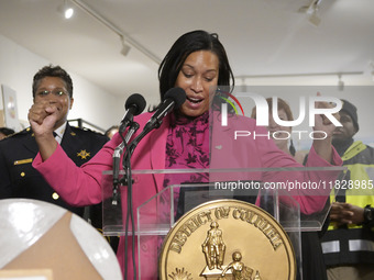 Mayor Muriel Bowser speaks about shopping in local businesses during the holidays in Washington DC, USA, on December 2, 2024, at the store M...