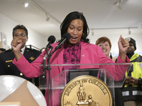 Mayor Muriel Bowser speaks about shopping in local businesses during the holidays in Washington DC, USA, on December 2, 2024, at the store M...