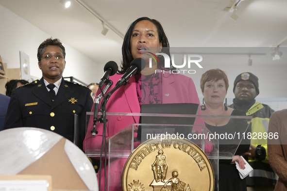 Mayor Muriel Bowser speaks about shopping in local businesses during the holidays in Washington DC, USA, on December 2, 2024, at the store M...