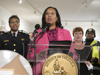 Mayor Muriel Bowser speaks about shopping in local businesses during the holidays in Washington DC, USA, on December 2, 2024, at the store M...