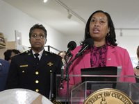 Mayor Muriel Bowser speaks about shopping in local businesses during the holidays in Washington DC, USA, on December 2, 2024, at the store M...