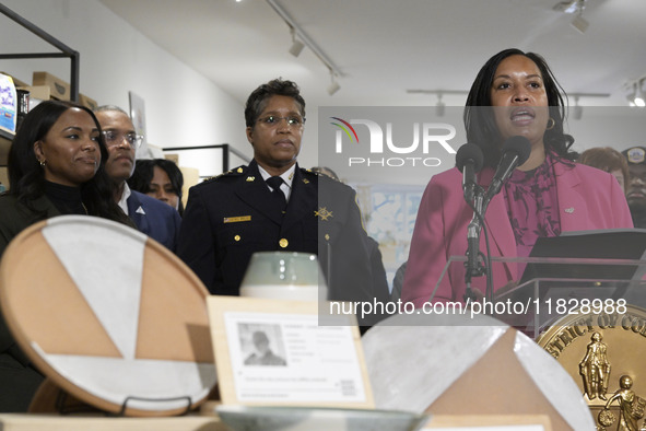 Mayor Muriel Bowser speaks about shopping in local businesses during the holidays in Washington DC, USA, on December 2, 2024, at the store M...