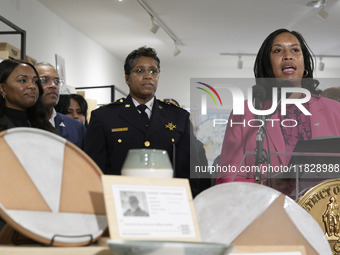 Mayor Muriel Bowser speaks about shopping in local businesses during the holidays in Washington DC, USA, on December 2, 2024, at the store M...