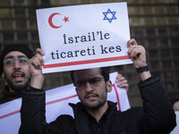 An Iranian protester holds up an anti-Turkish placard while participating in a protest against Turkish President Recep Tayyip Erdogan and hi...