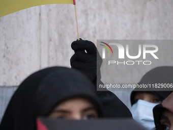 A veiled Iranian protester waves a flag of Lebanon's Hezbollah while taking part in a protest against Turkish President Recep Tayyip Erdogan...