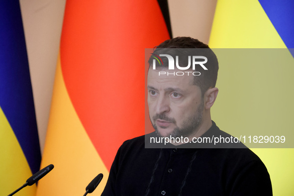 President of Ukraine Volodymyr Zelenskyy attends a joint briefing with Federal Chancellor of Germany Olaf Scholz in Kyiv, Ukraine, on Decemb...