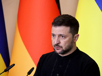 President of Ukraine Volodymyr Zelenskyy attends a joint briefing with Federal Chancellor of Germany Olaf Scholz in Kyiv, Ukraine, on Decemb...